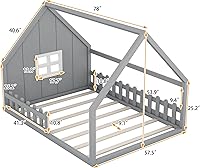 Vista 2 de MERITLINE Cama de casa para niños, cama Montessori tamaño matrimonial, marco de madera con rieles y ventana, no necesita somier, para niños