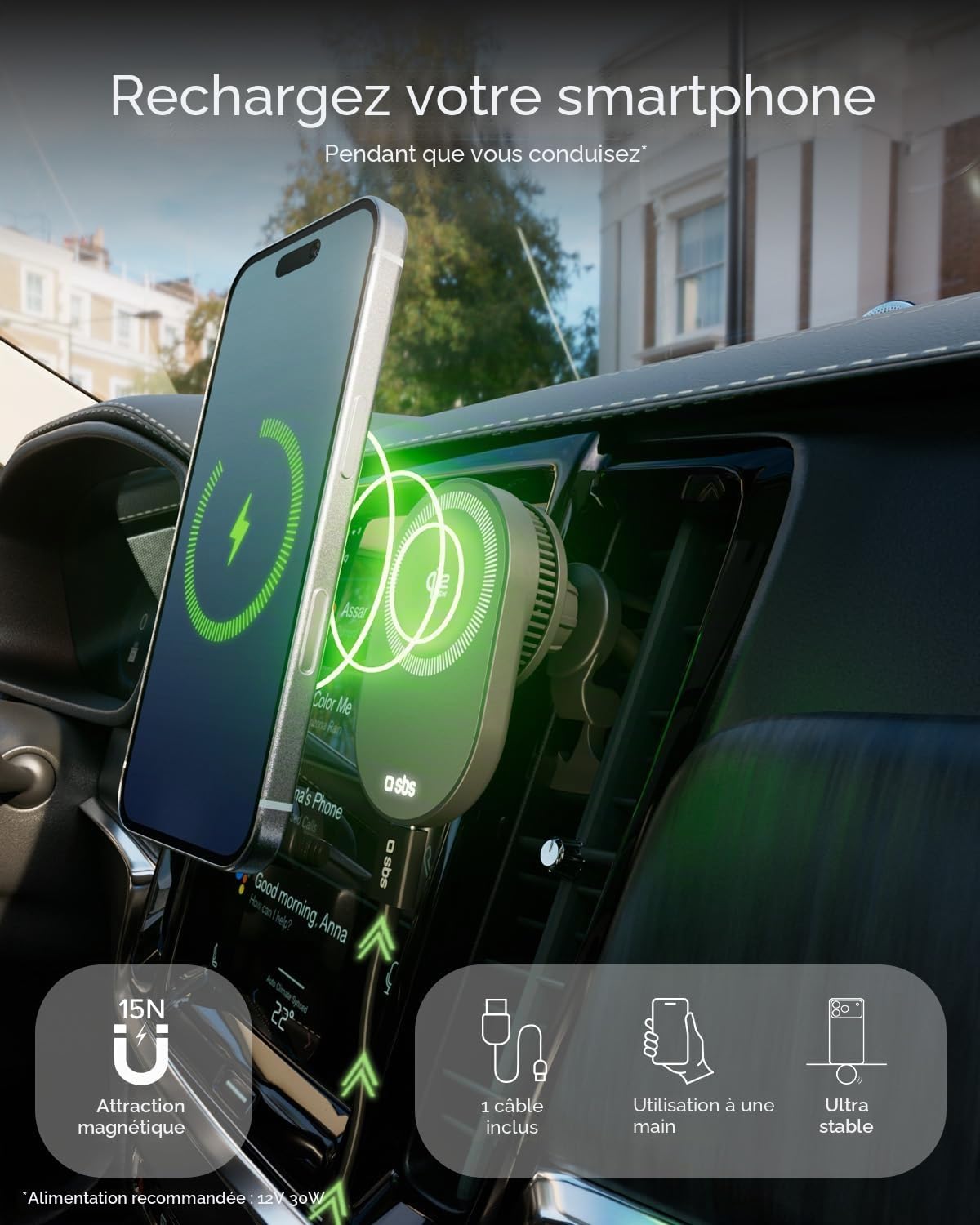 SBS Qi2 25W Chargeur sans Fil MagSafe, Support Téléphone Voiture Magnétique, Fixation Grille d'Aération, Recharge Rapide, Alimentation USB-C, Chargeur pour iPhone, Android, Noir | Fixation Grille d'Aération, Recharge Rapide, Alimentation USB-C, Chargeur p