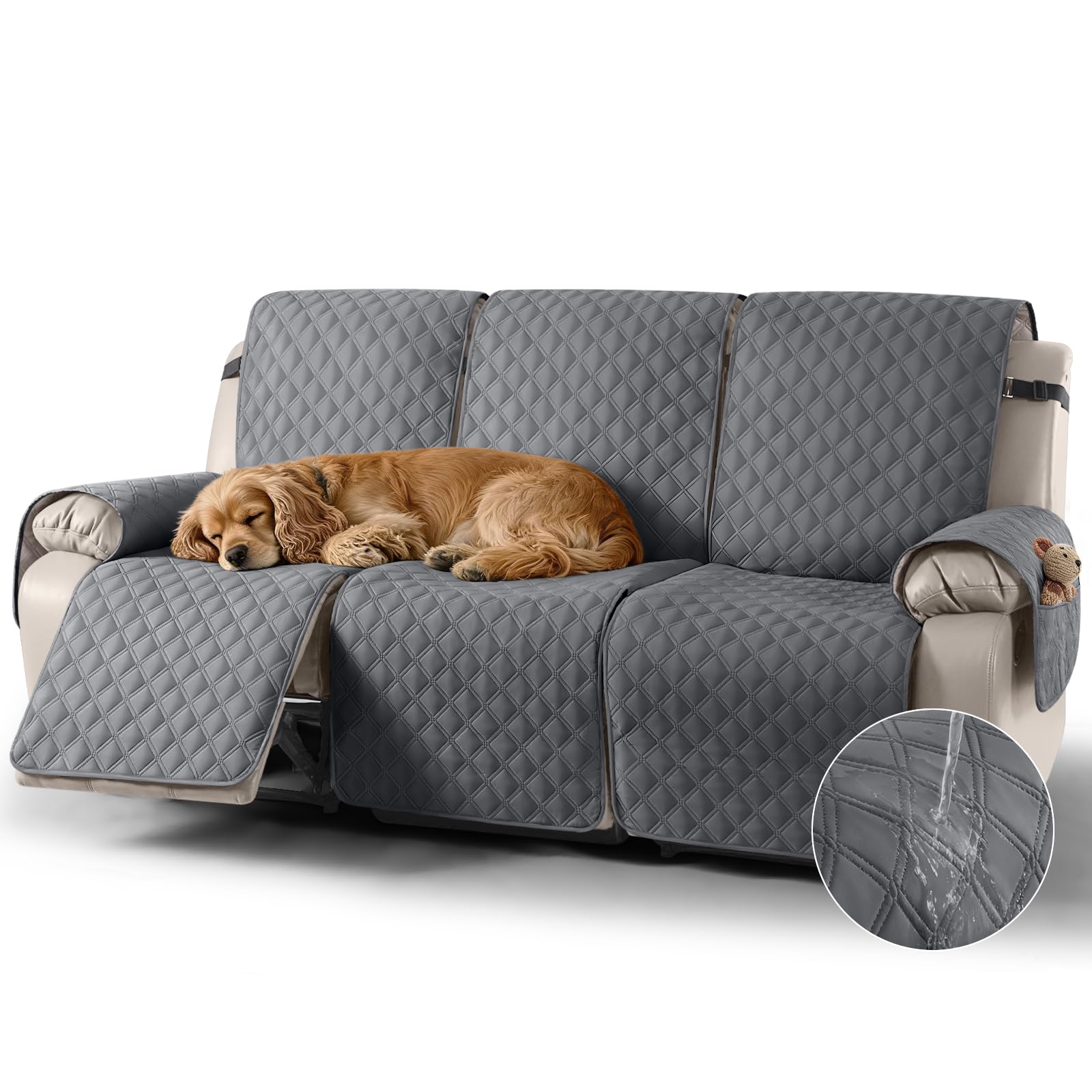 TAOCOCO Recliner Covers,3 Seater Recliner Slipcovers,Waterproof Recliner Sofa Protector,Armchair Covers with Pockets,Non Slip Reclining Sofa Covers,Arm Chair Covers for Pets/Dogs/Kids(Dark Grey)