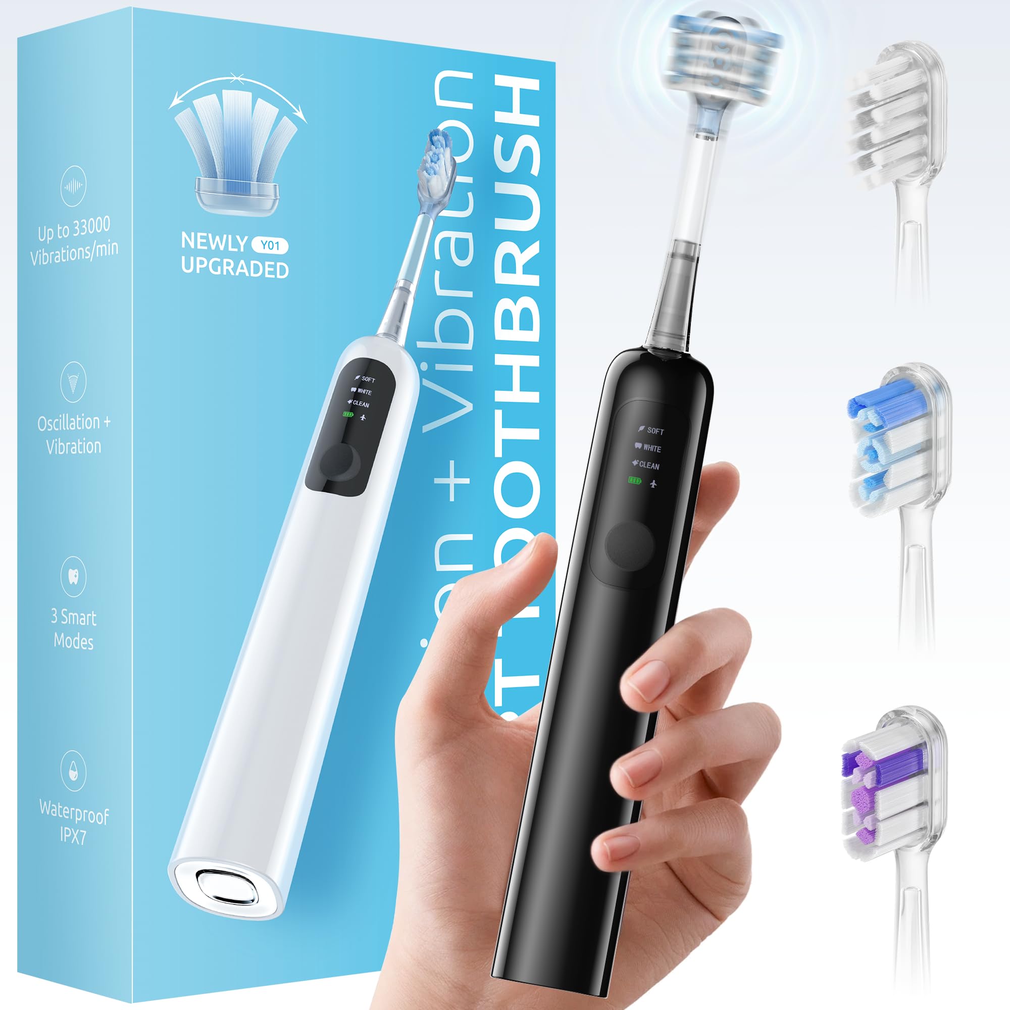 SYNHOPE 60 Oscillating Sonic Toothbrush - 33K RPM Power Clean Unique 60 Swing Amplitude 3 Brush Heads IPX7