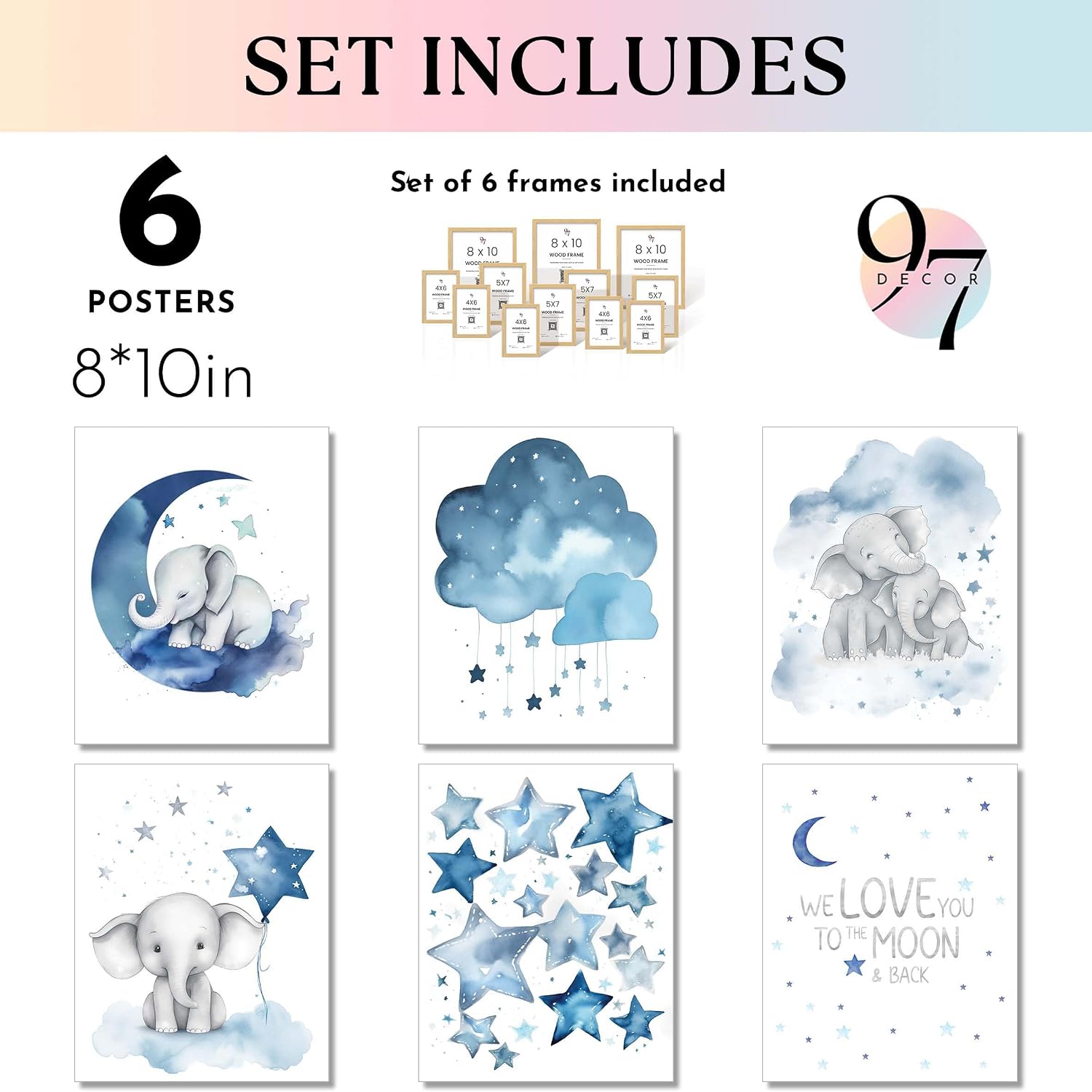 97 DECOR FRAMED Baby Girl Elephant Nursery Decor - Baby Boy Room Decorations for Nursery Wall Decor, Blue Moon and Stars Nursery Art Prints, Cute Elephant Poster Animal Picture for Bedroom (BEIGE FRAME)