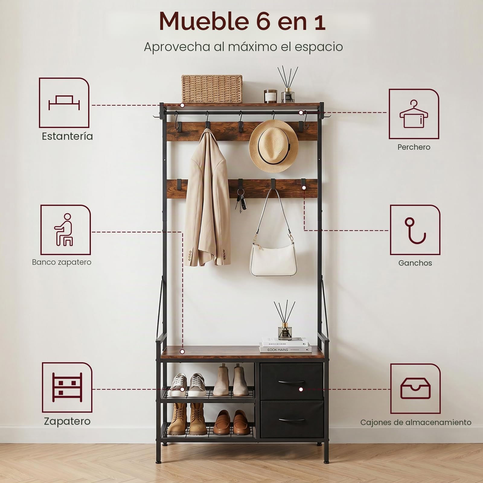 EGGREE Perchero Recibidor 6 en 1, Mueble de Entrada con 15 Ganchos Extraíbles, 2 Cajones, Banco Zapatero, Diseño Separable, Industrial, para Entrada Pasillo, 80 x 30 x 180 cm, Marrón Rústico y Negro
