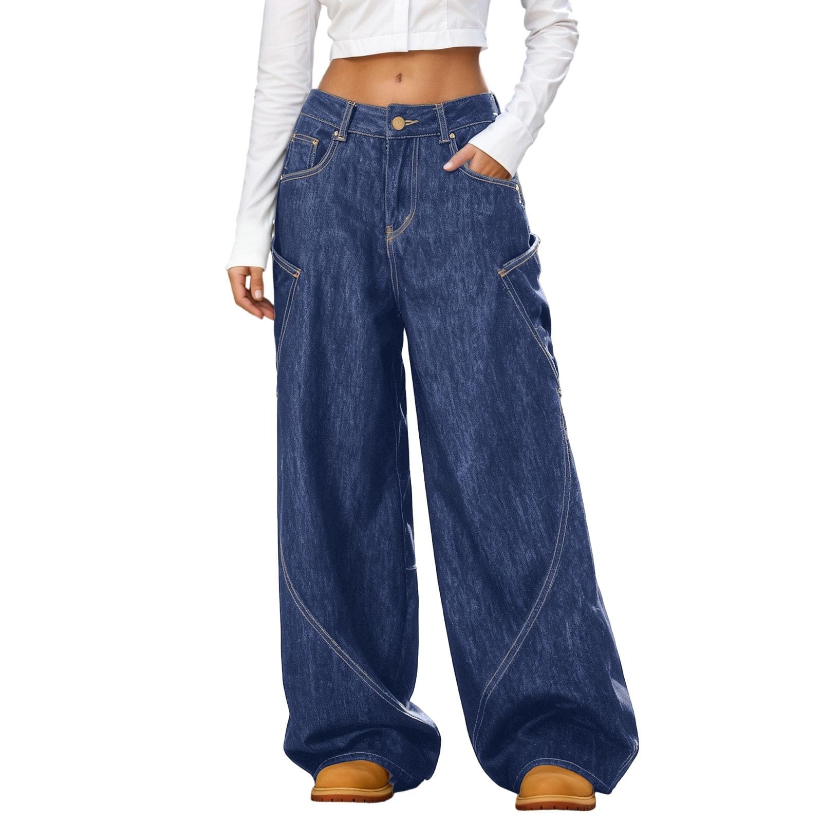 Generico Pantaloni Sportivi Donna, Pantalone Donna Comodo,Jeans Stile retrò da Strada con Design Unico Gamba Svasata Curva Larghi Lunghi al Pavimento