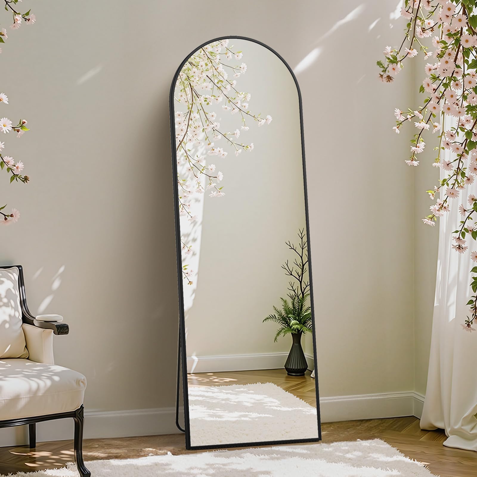 DUMOS Arched Full Length Mirror with Stand Floor Standing Aluminum Frame for Bedroom Body Hanging Leaning Modern Simple Home Decor Shatter-Proorf Nano Glass Wall Living Room Cloakroom Black 59"x16"