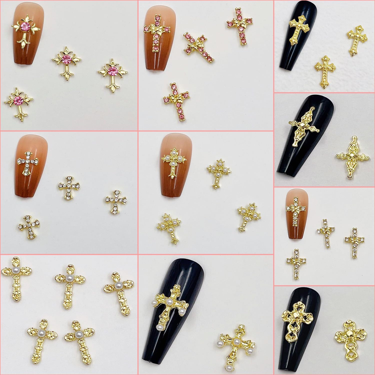 100pcs Cross Nail Charms 16 Styles 3D Cross Gold Nail Charms Crosses Mixed Crosses Golden Charm for Acrylic Nails Y2K DIY Accessories Punk Nail Art (Gold)