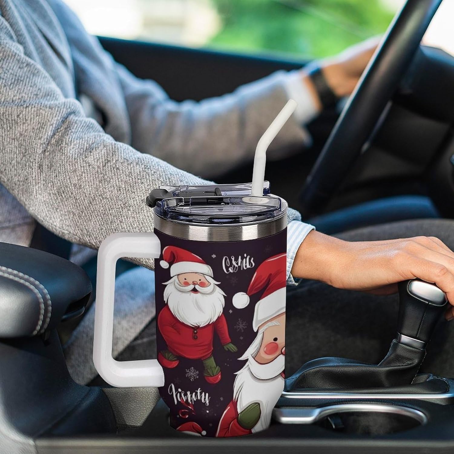 Christmas Santa Claus Travel Coffee Mug Reusable Durable Stainless Steel Insulated Tumbler with Handle And Straw Leak Resistant Portable Thermal Cup Gifts for Men Women 40 Oz