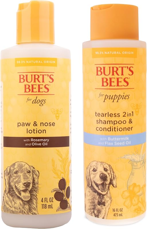 Bundle - Paw & Nose Lotion with Rosemary & Olive Oil (4 oz) & Tearless Puppy 2-in-1 Shampoo & Conditioner with Buttermilk & Linseed Oil (16 oz), Natural Care for Dogs