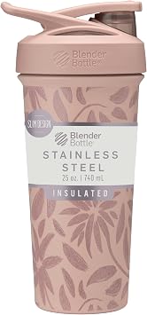 BlenderBottle Strada Flip Shaker Cup, Insulated Stainless Steel Water Bottle with Wire Whisk, 25 oz, Brown Flower