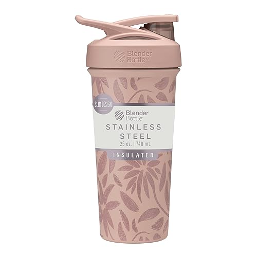 BlenderBottle Sport Flip Shaker Cup Insulated Stainless Steel Water Bottle with Wire Whisk, 25-Ounce, Brown Flowers