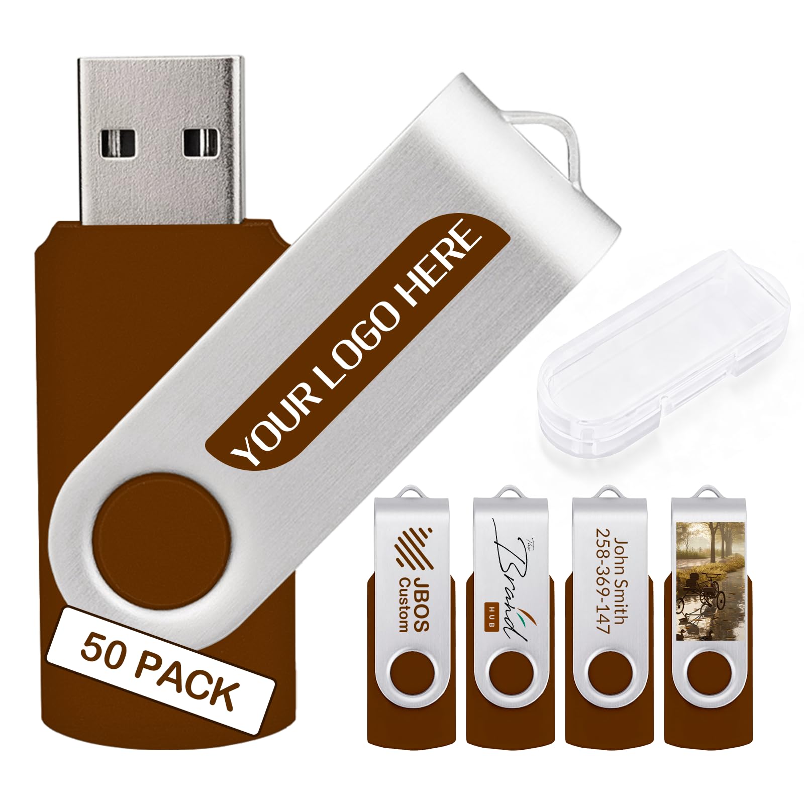 Zestaw 50 niestandardowych pendrive'ów USB 32 GB USB 2.0, spersonalizowane pendrive z logo do biznesu, wydarzeń, drukowania tekstu lub obrazu, niestandardowe karty pamięci JBOS - brązowe