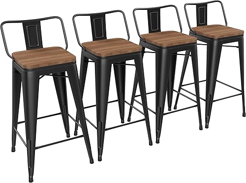 Miniatura 10 de Yongchuang - Juego de 4 taburetes de bar de 30 pulgadas, de altura de barra, de metal con asiento de madera y respaldo bajo, sillas de bar de Negro