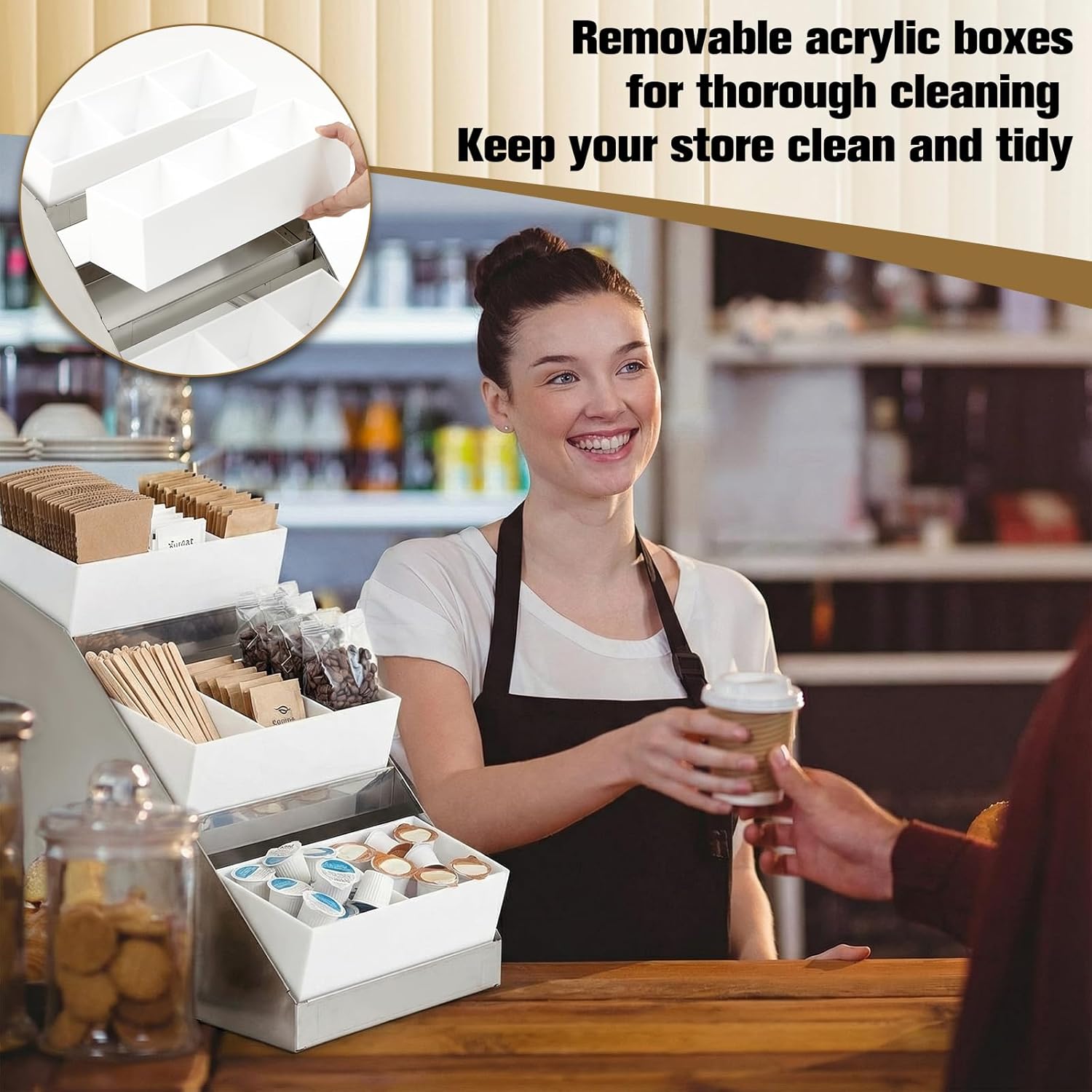 Maxdot Coffee Station Organizer, 3-Tier Stainless Steel Condiment Station with Acrylic Bins, Condiment Organizer for Countertop Station13.4"x11.4"x12.4" for Coffee Bar Shops Kitchen Restaurants Bar