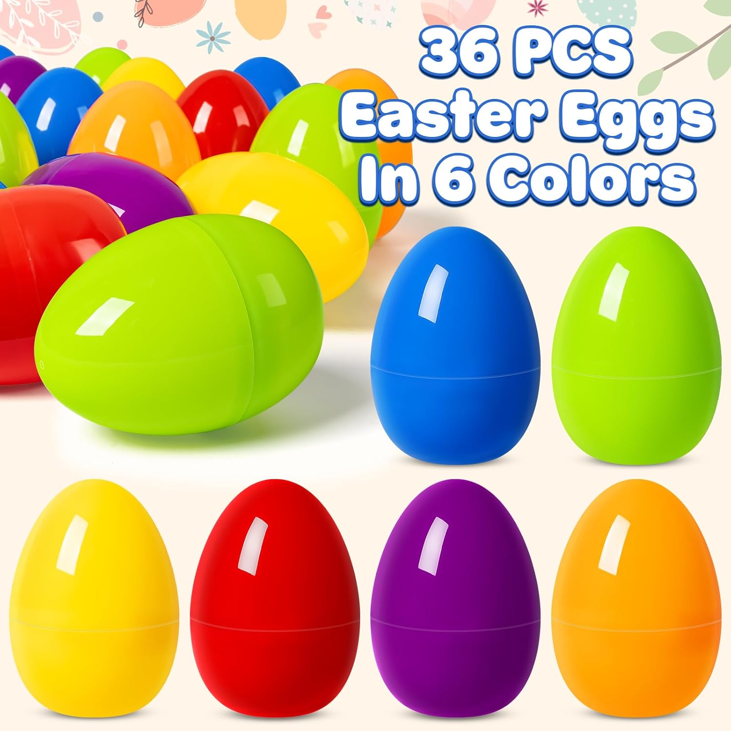 V-Opitos 3.5'' Big Easter Plastic Eggs, 36 PCS Bulk Empty Easter Eggs in 6 Colors, Fillable Hinged Eggs for Easter Egg Hunt, Basket Stuffers Fillers, Easter Party Favor for Kids