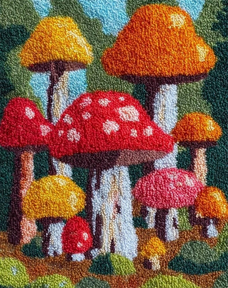 FWRTYCB Latch Hook Kit for Adults and Beginners -Mushroom DIY Tapestry Rug Making with Printed Patterns,20X15Inch Canvas Yarn for Home Décor