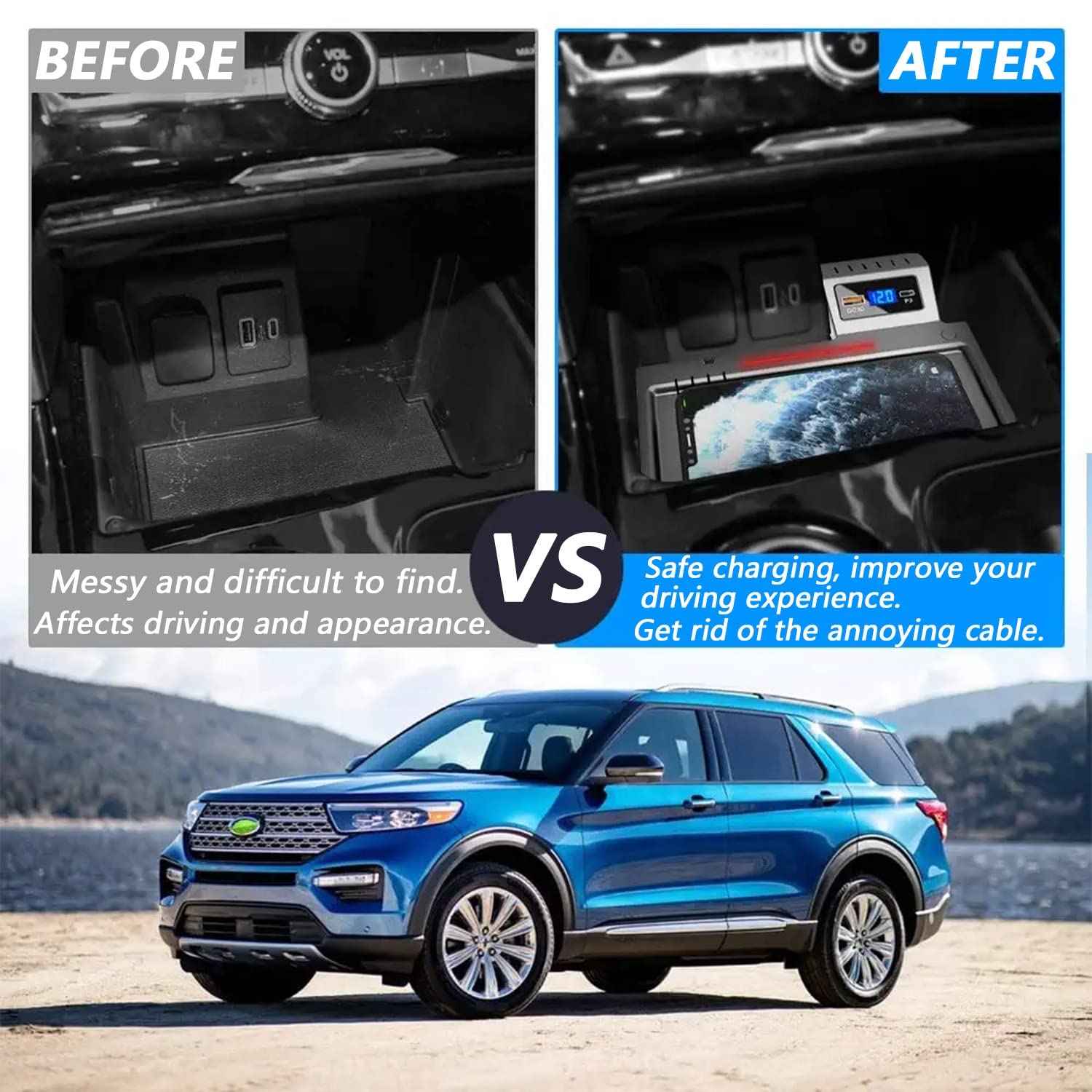Kabelloses Ladegerät Auto für Ford Explorer Base/XLT/Limited/ST/Platinum/Limited Hybrid 2020-2022, 15W Qi Wireless Schnellladendes Handy-Ladegerät mit QC3.0-USB-Anschluss für iPhone Samsung
