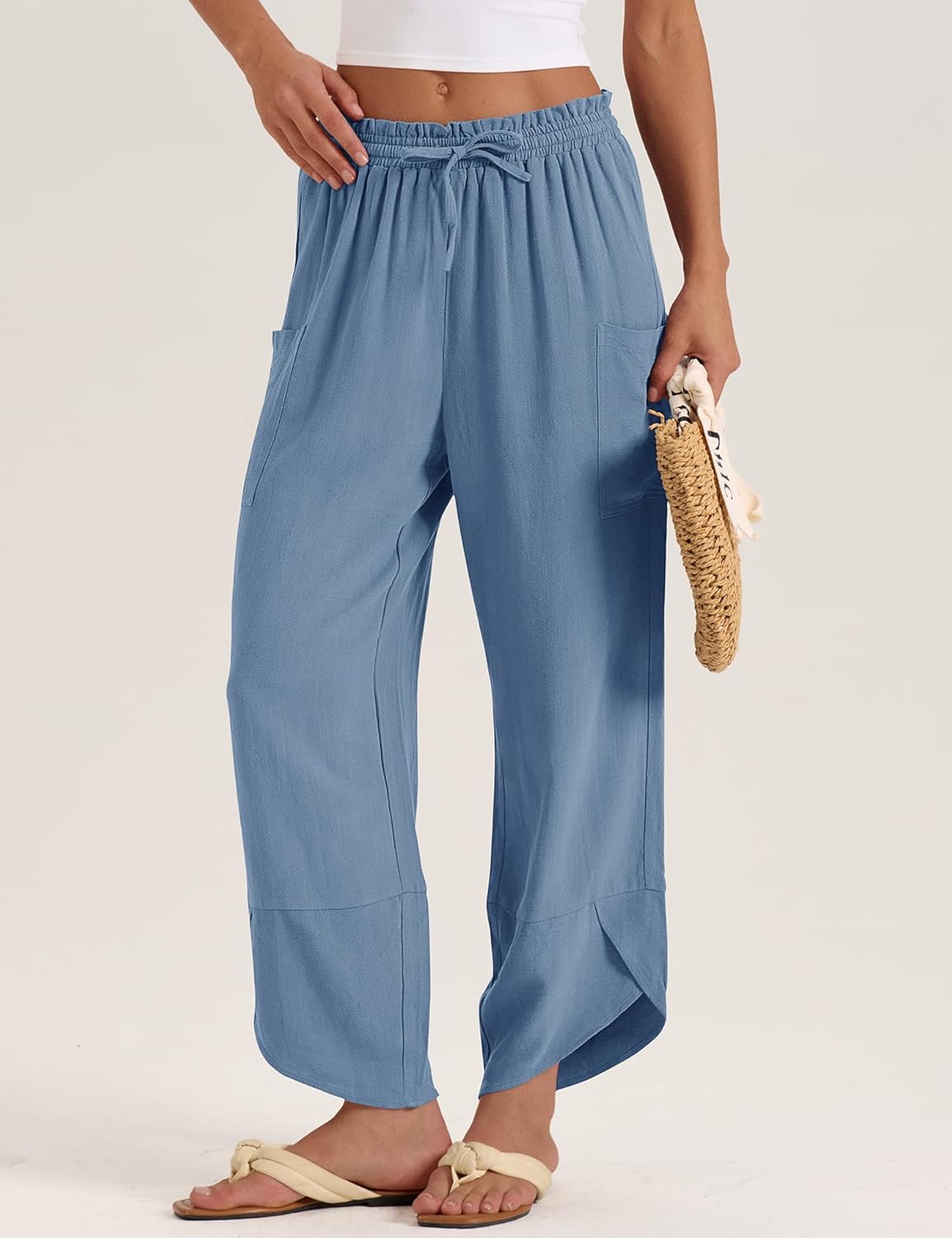 LOMON Women Linen Palazzo Pants Boho Wide Leg Elastic Waisted Casual Capri Pant Summer Harem Lounge with Pockets - Image 4