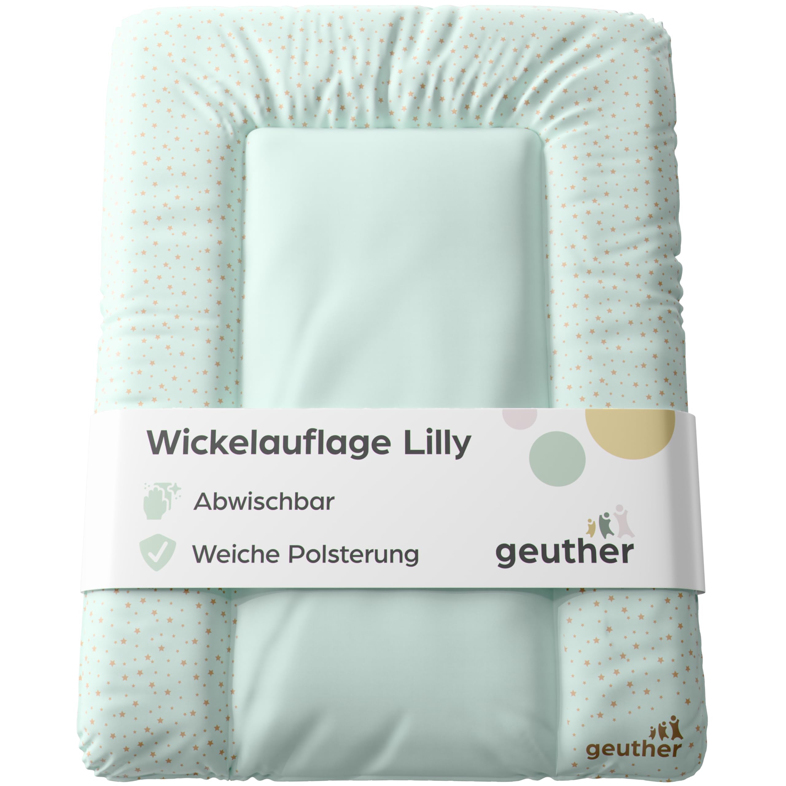 Geuther Wickelauflage abwaschbar 52x72 cm | Wickelunterlage Lilly für Wickelregal Clarissa & andere | Sicher dank erhöhtem Rand & Kopfschutz | Wickeltischauflage | Design Starry Night Green