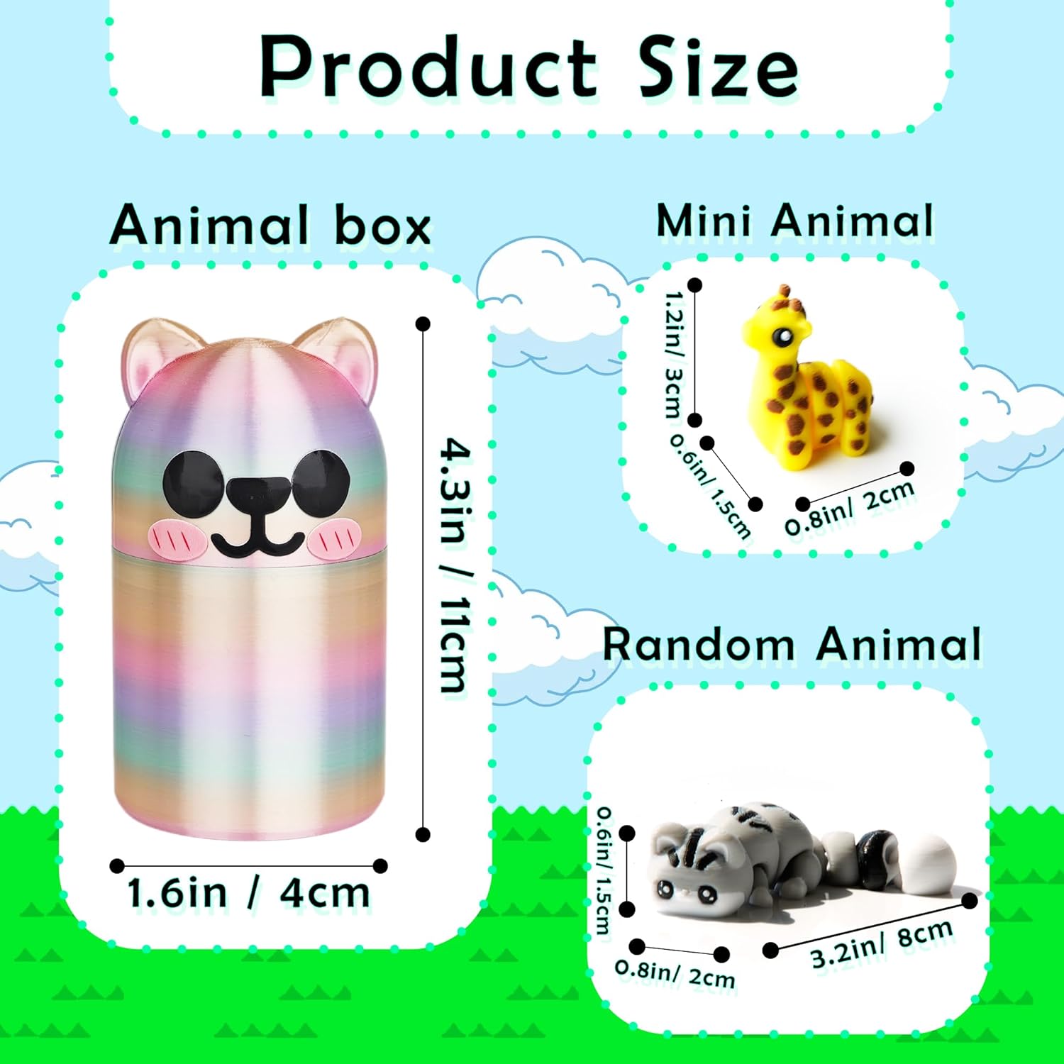 22PCS 3D Printed Mini Animal Set, 20pcs + 1Random Pet + 1 Gift Box, Cute 3-D Print Fidget Animals Executive Desk Decoration, Gradient Silk Rainbow