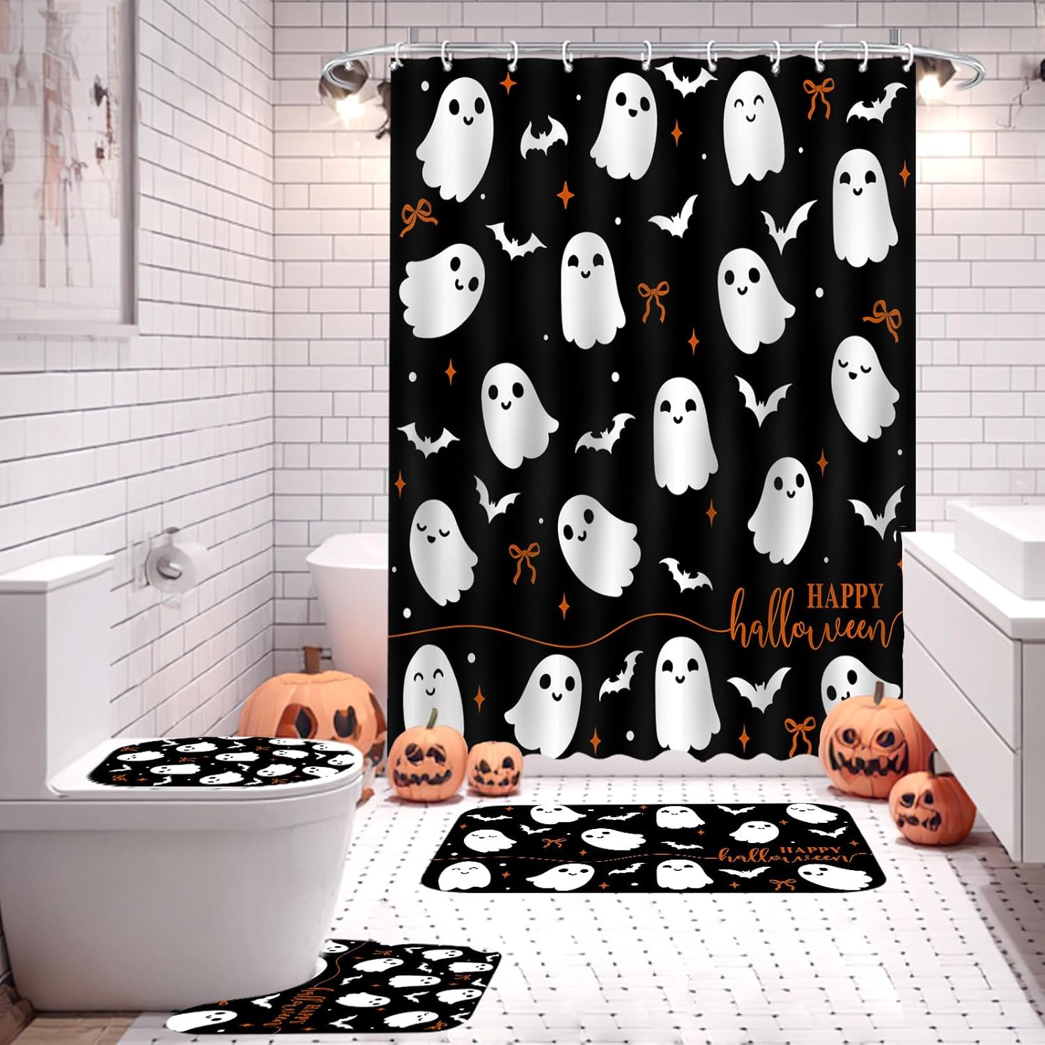 4Pcs Halloween Shower Curtain Set Black Spooky Bow Ghost Shower Curtain Set for Halloween Bathroom Decor with Anti-Slip Waterproof Bathtub Bathroom Rugs Toilet Lid Cover