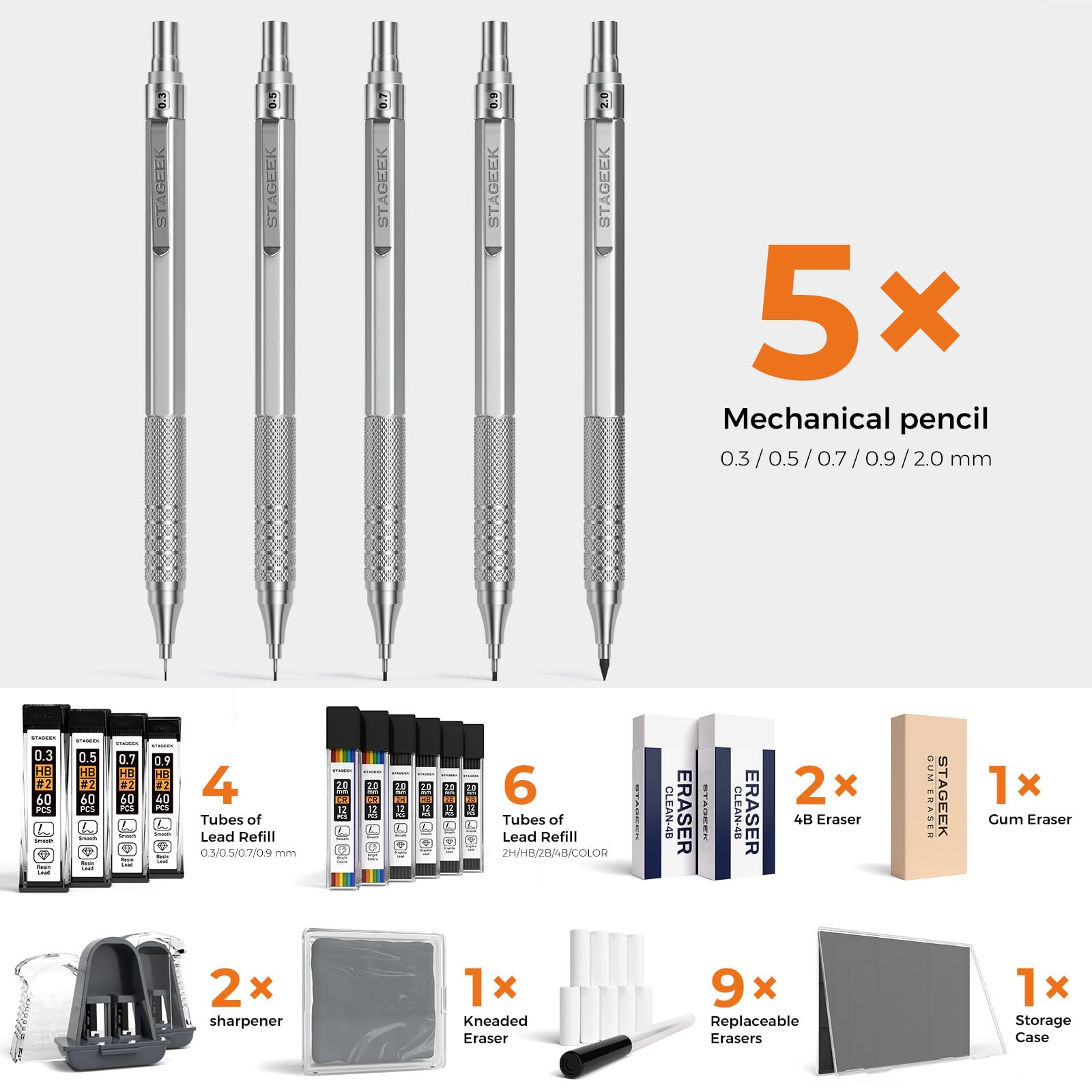 STAGEEK Zestaw metalowych ołówków mechanicznych, 0,3, 0,5, 0,7, 0,9, 2 mm (HB 2H 2B 4B) z 10 wkładami, gumką i etui do rysowania, rysowania, szkicowania