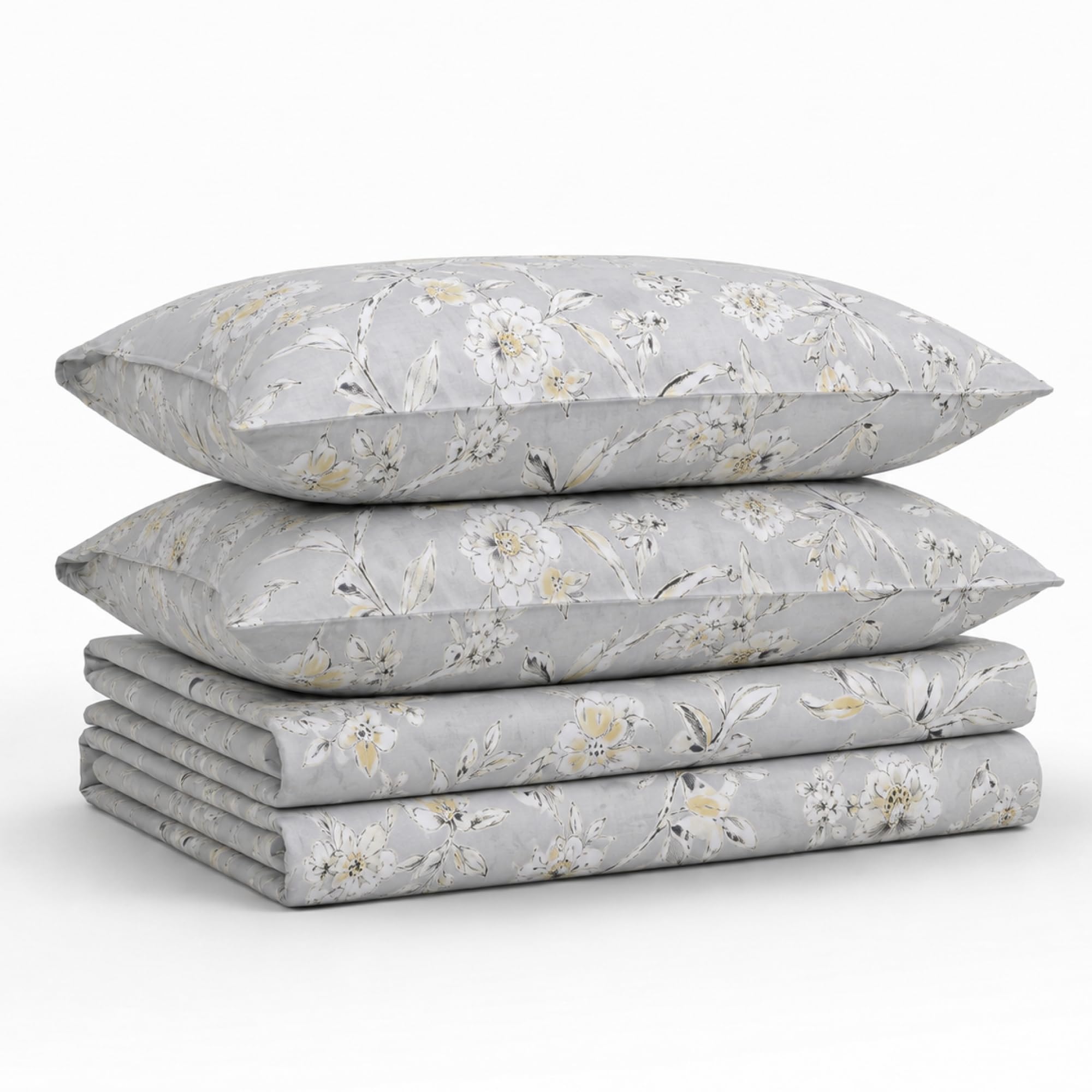 Tribeca Living Queen Bed Sheet Set, 300 Thread Count Soft Cotton Sateen, Floral Print with Extra Deep Pockets, 4-Piece Bedding Set, Colmar Silver Grey/Multicolor