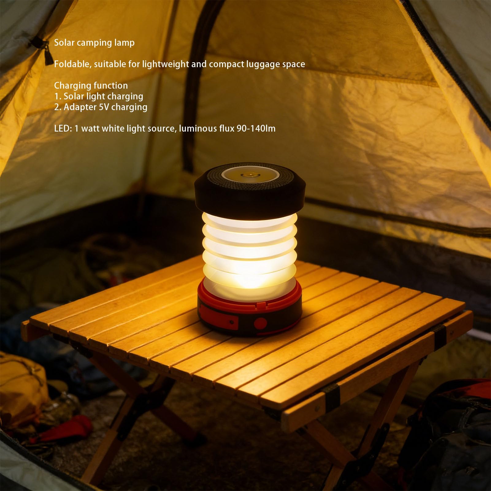 Lanterna campeggio a LED Lampada campeggio pieghevole ricaricabile solare per escursionismo Pesca Emergenza Attività all'aperto ABS Silicone Colore Nero 1 pezzo