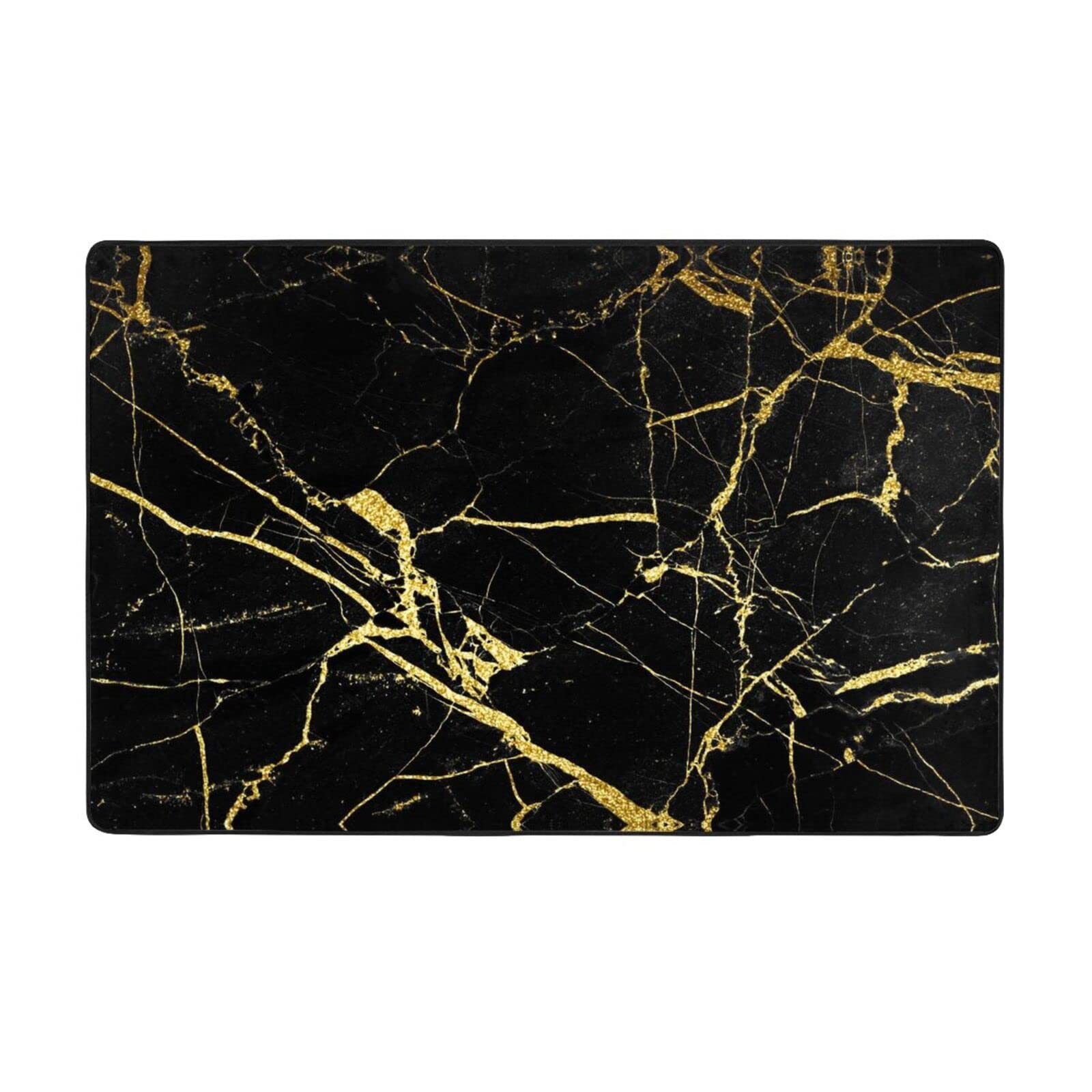 Tapis salon cuisine marbre noir or 150x100 grand tapis lavable sol