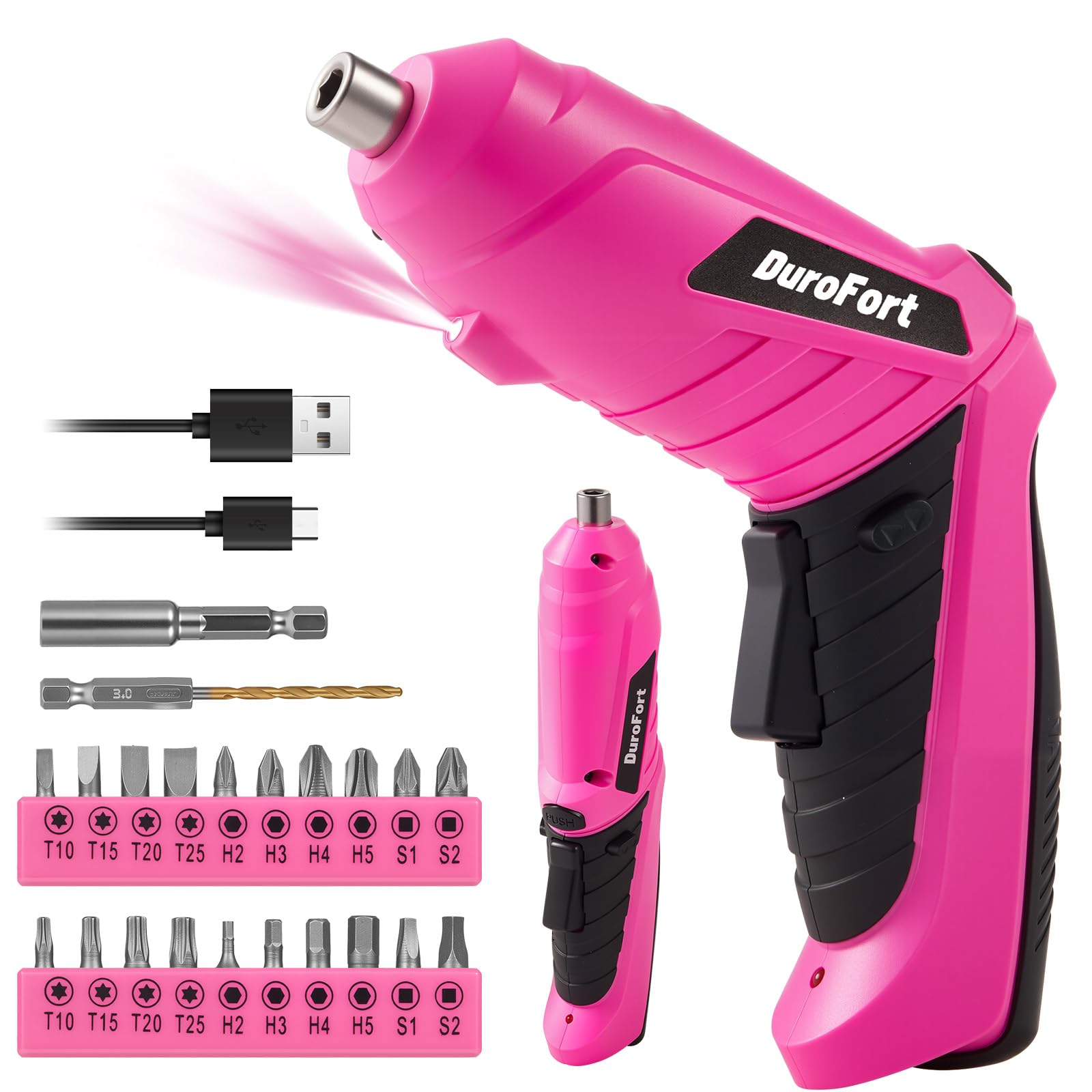 Durofort Pink Cordless Electric Screwdriver Set, 3.7V Rechargeable Small Electric Drill with 25pcs Driver Bit Set, Power 3Nm Screw Gun with 2 Position