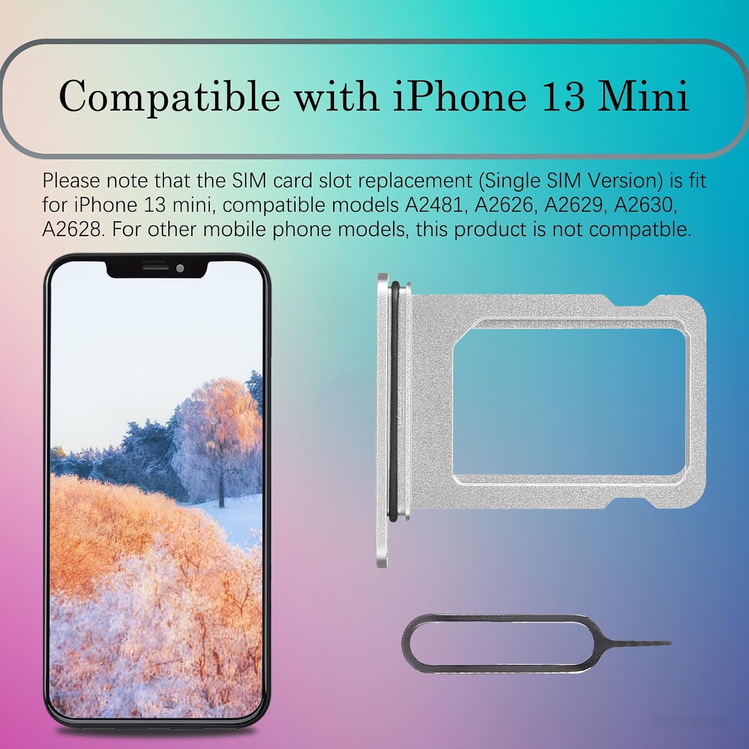 for iPhone 13 Mini Silver Single SIM Card Tray Slot Replacement | Sim Card Tray Holder Adapter with SIM Ejector Repair Replace Mobile Phone for iPhone13mini A2626 A2628 A2630 A2629