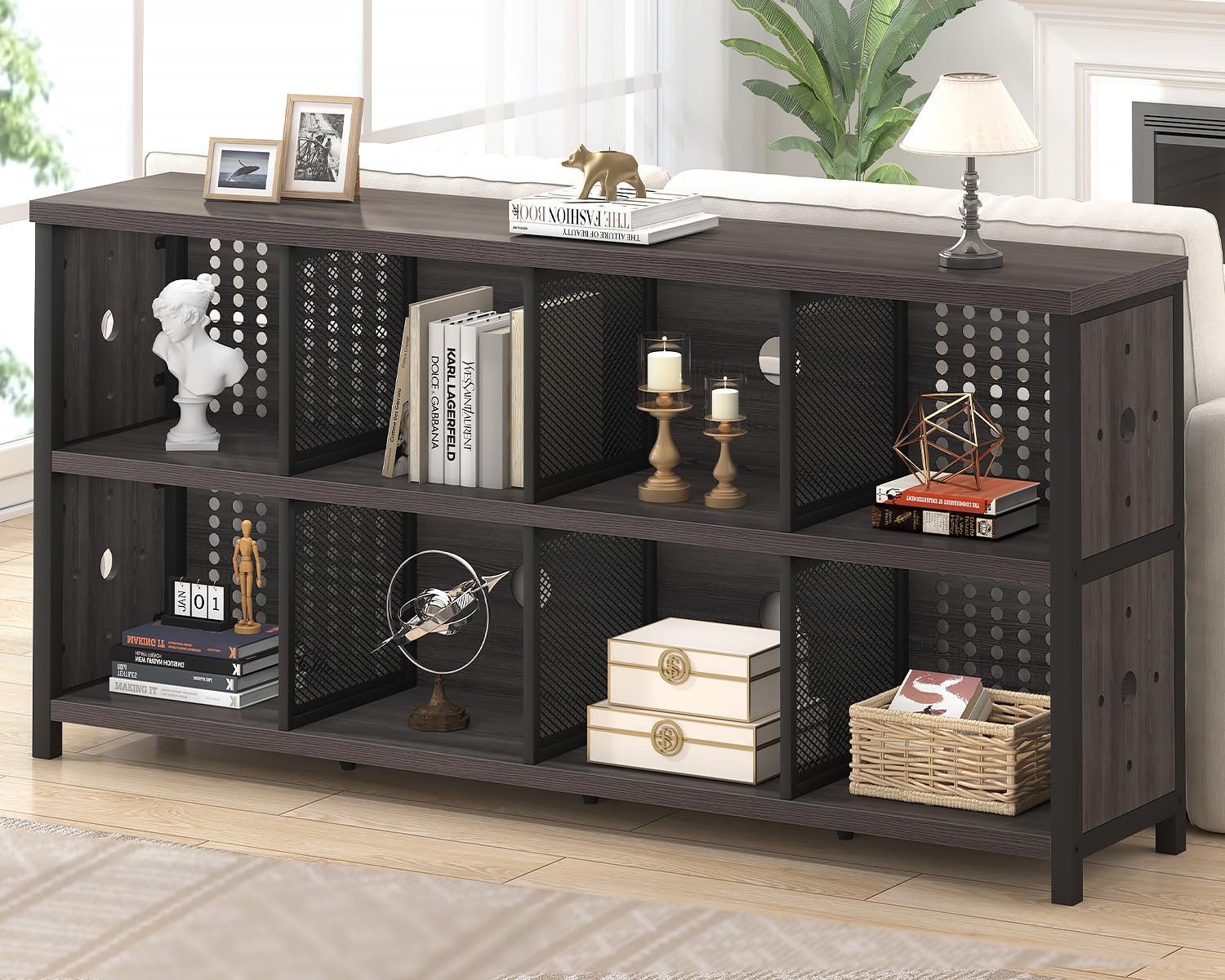LVB Bücherregal Standregal mit Holz und Metall Bücherschrank mit 8 Offene Fächer Würfelregal Büroregal horizontal für Wohnzimmer Homeoffice Kinderzimmer Dunkelgrau 34T x 160B x 76H