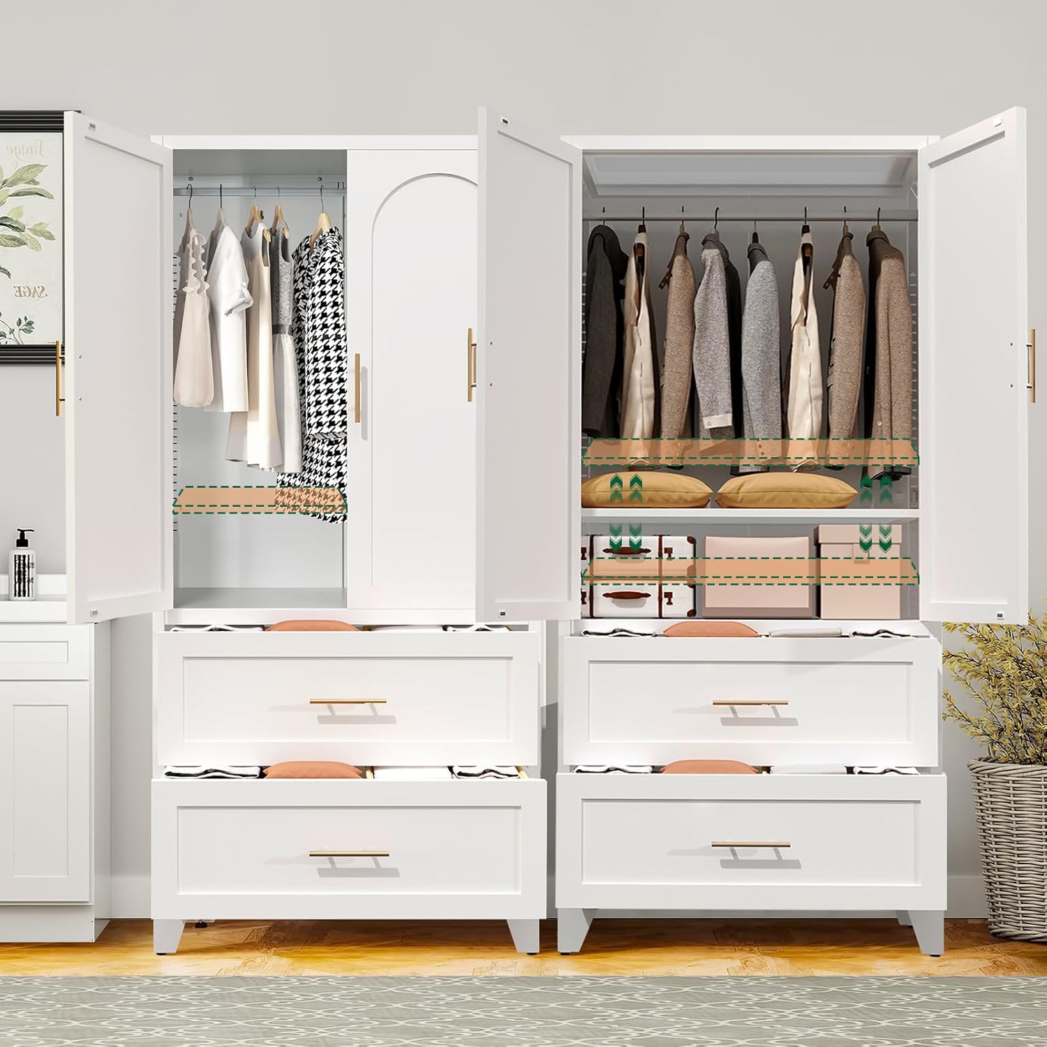 71" Metal Armoire Wardrobe Closet with 2 Drawers, Freestanding Arched 2-Door Tall Clothing Storage with Adjustable Shelves and Hanging Rod for Bedroom Dorm, White