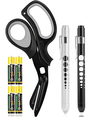 MEUUT 3 Pack Pen light & Medical Scissors-One Pantented Trauma Scissor Two LED Penlight with Pupil Gauge -8" Bandage Scissor for Nurse Doctor EMT