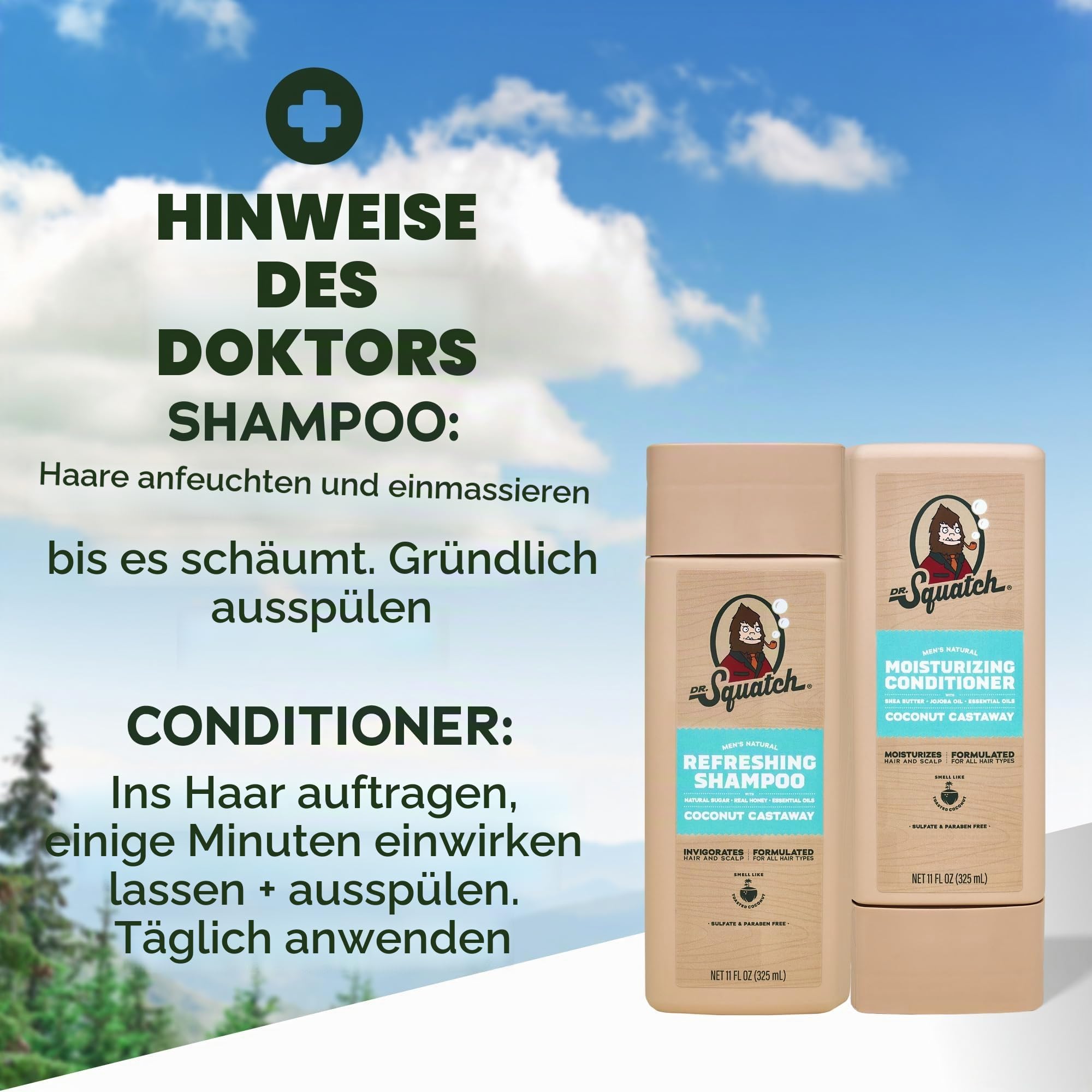 Dr. Squatch Natürliches Shampoo & Conditioner Set für Männer – gesund aussehendes, volleres Haar – Coconut Castaway Shampoo und Conditioner für Herren (325 ml, 2er-Pack)