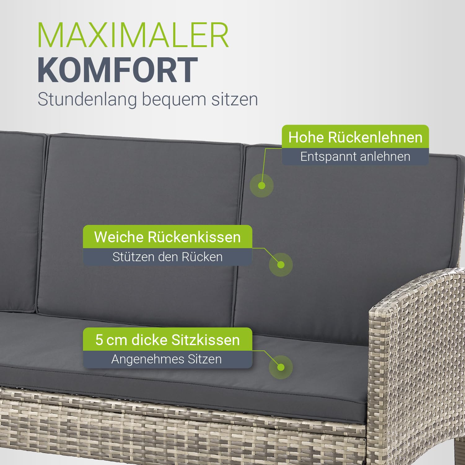 Juskys Gartenmöbel Set Polyrattan 6-teilig – Lounge Möbel Turin für 7 Personen mit Sesseln, Hockern, Tisch & Kissen, wetterfeste Balkonmöbel Sitzgruppe – Grau meliert
