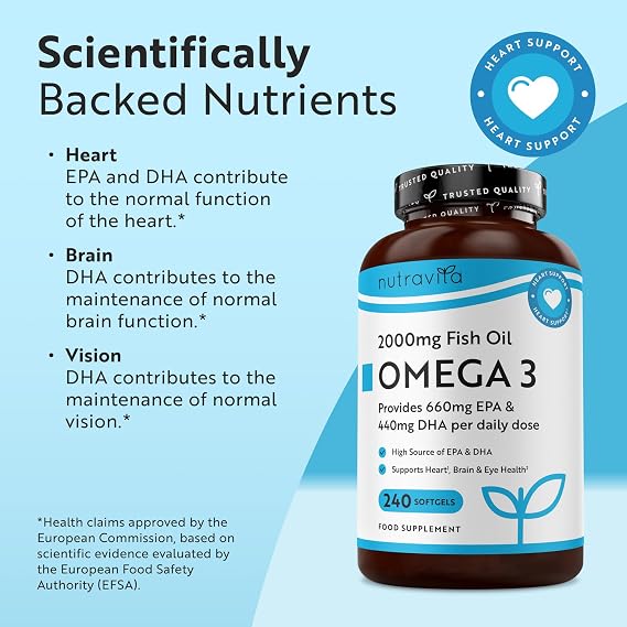 Nutravita Omega 3 Capsules High Strength 2000mg with 660mg EPA & 440mg DHA, 2 Bottles of 240 Softgel Omega 3 Fish Oil Capsules for 8 Months of Supply, Fish Oil Omega 3 Supplements