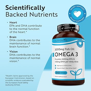 Nutravita Omega 3 Capsules High Strength 2000mg with 660mg EPA & 440mg DHA, 2 Bottles of 240 Softgel Omega 3 Fish Oil Capsules for 8 Months of Supply, Fish Oil Omega 3 Supplements