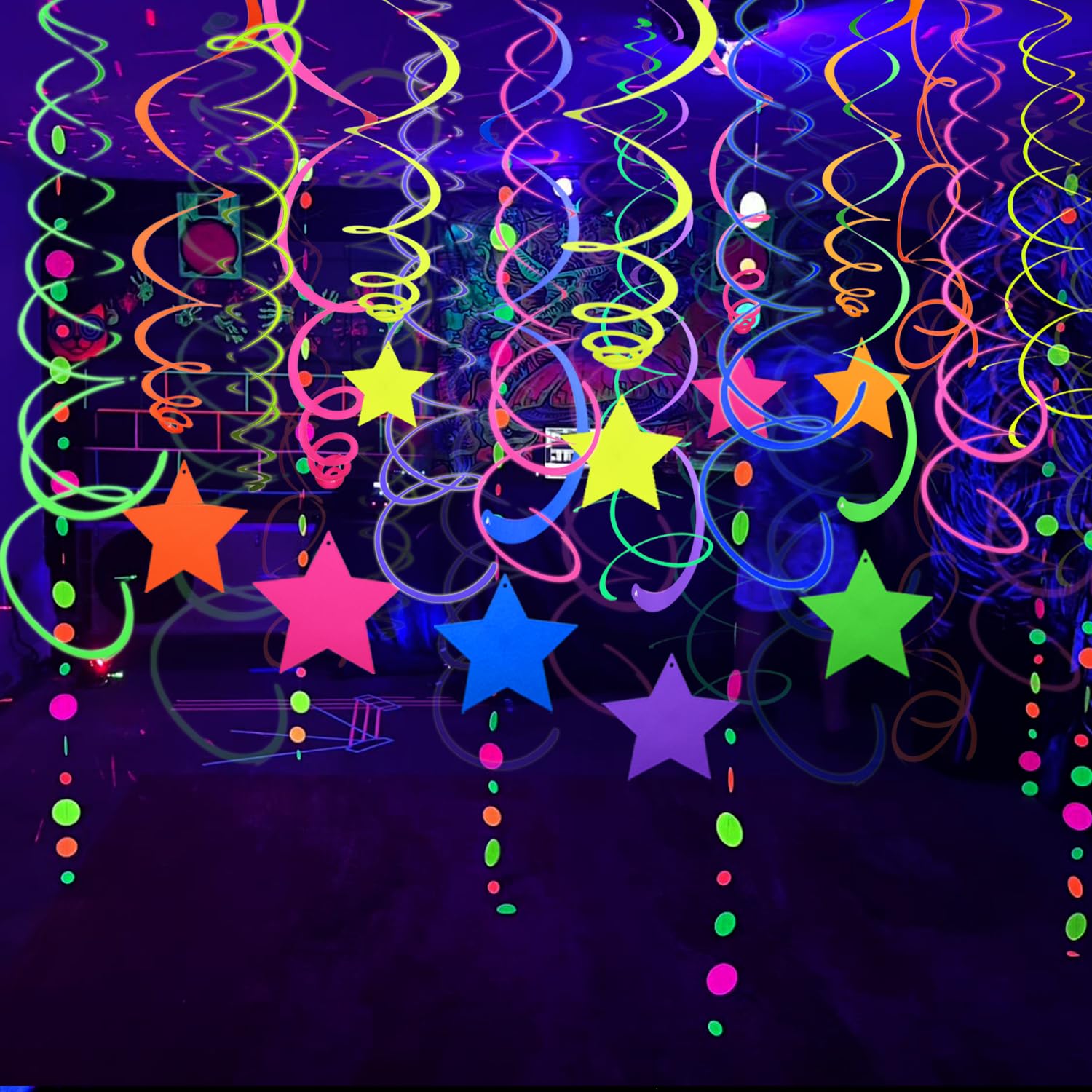 56 Stück Regenbogen hängende Wirbel Dekorationen Neon Swirl Luftschlangen UV Neon Girlande Deckendekorationen leuchten im Dunkeln Neon Partyzubehör und Dekorationen Schwarzlicht Party Kit für