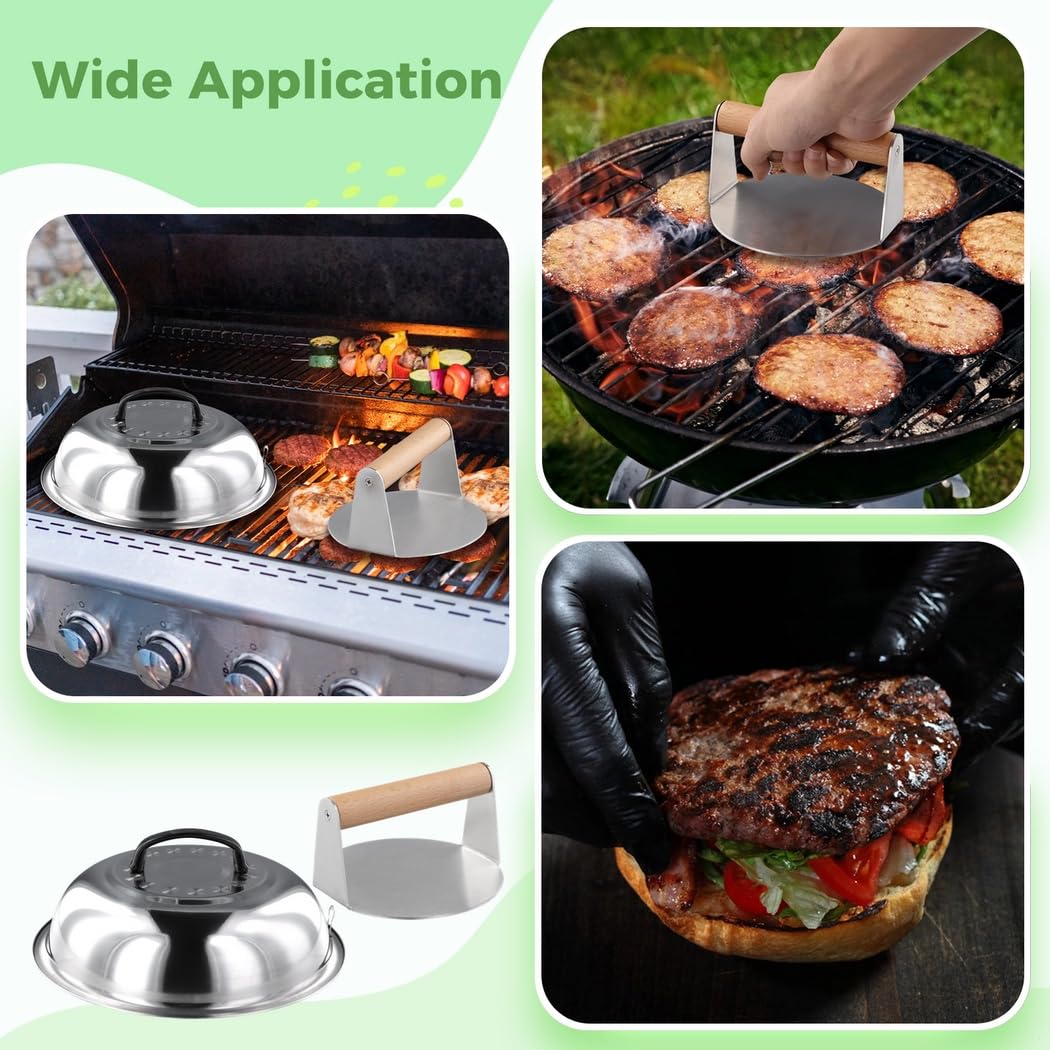 Burgerpresse und 29 cm Schmelzkuppel, Edelstahl-Burgerpresse zum Grillen und Kochen, 13 cm
