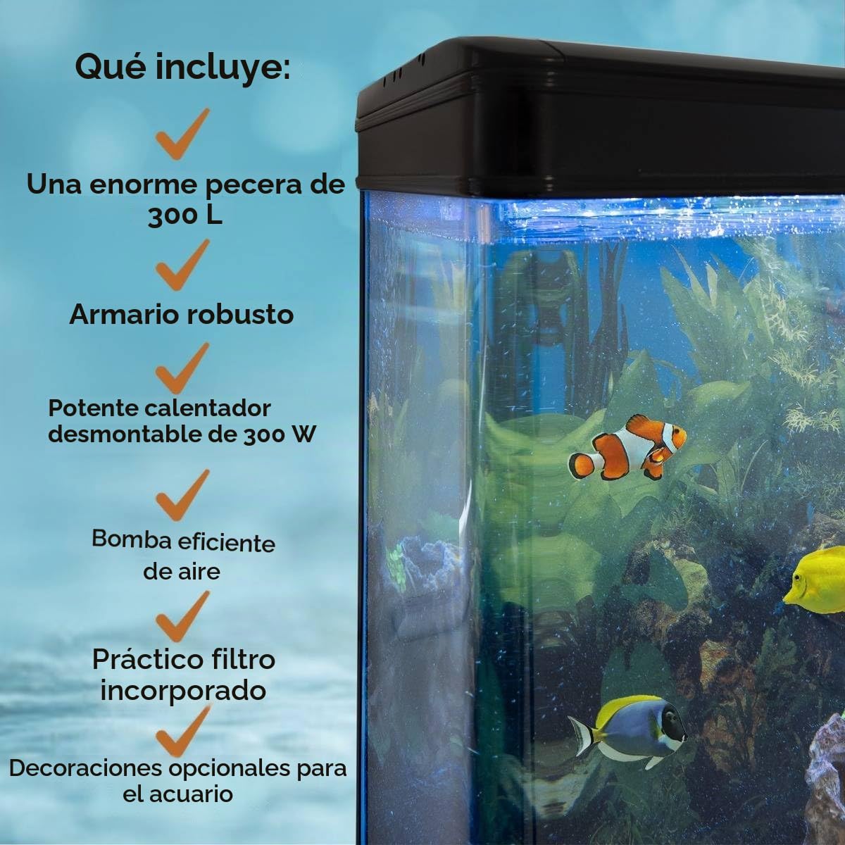 Pecera Acuario 300 litros para Peces Agua Dulce,Tropicales+Marinos con Mueble Negro,Grava Natural,Calentador 300W Ajustable,Filtro,Bomba Aire,Zona Observación 180º +Luz LED, 2 Años Garantía Eléctrica