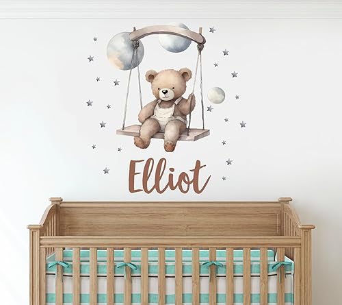 Miniatura 3 de Calcomanías de pared de oso de peluche con nombre personalizado, diseño de estrellas, nubes de luna, estrellas, calcomanías de pared para dormitorio