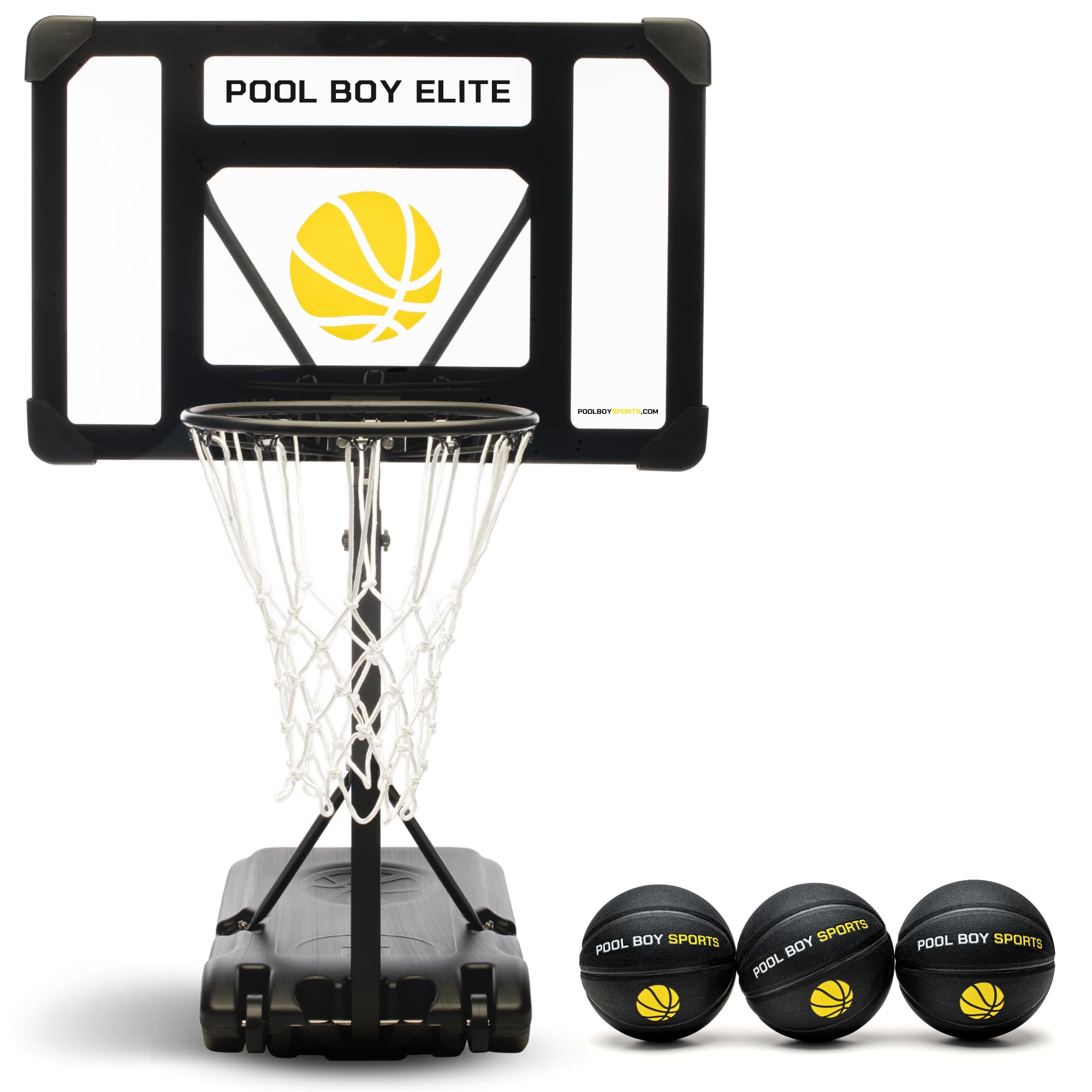 pool basketball hoop - set includes 3x composite leather basketballs, air pump, & tools - adjustable poolside basketball hoop - made for kids, teens, & adults