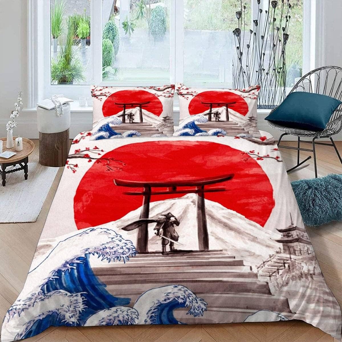 MEVASA Japanese-style Bedding Double Bed Set Microfiber Teenager Bedding Japanese Art 3D Bedding Set for Small Double 3Pcs Anti Allergic Double Duvet Cover Set with Zipper /200x200