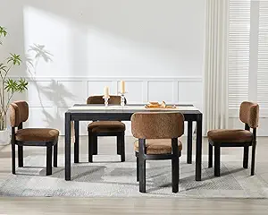 Wahson Brown Upholstered Dining Chairs Set of 4, Mid Century Modern Fabric Dining Room Chairs with Hardwood Legs and Padded Back, Farmhouse Kitchen Chair Cozy Accent Chair