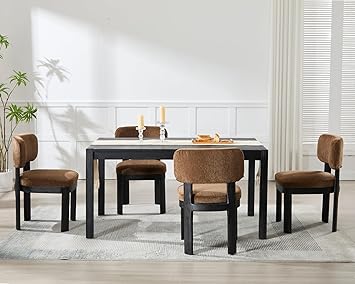 Wahson Brown Upholstered Dining Chairs Set of 4, Mid Century Modern Fabric Dining Room Chairs with Hardwood Legs and Padded Back, Farmhouse Kitchen Chair Cozy Accent Chair