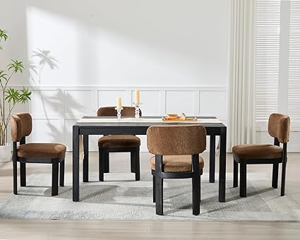 Wahson Brown Upholstered Dining Chairs Set of 4, Mid Century Modern Fabric Dining Room Chairs with Hardwood Legs and Padded Back, Farmhouse Kitchen Chair Cozy Accent Chair