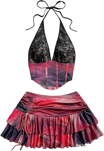 SOLY HUX Women's Leopard Skirt Outfits 2 Piece Sleeveless Halter Crop Top Ruffle