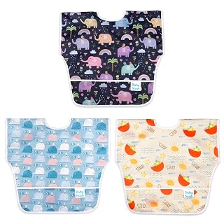 Baby Noah 3 Pcs Short Sleeved Bib - Baby and Toddler Smock Bibs for Boys and Girls - Waterproof Bib with Pocket| 6-36 Months