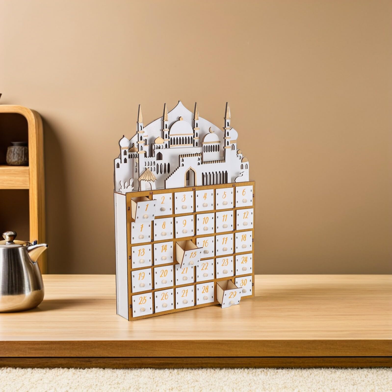 Tofficu Eid und Ramadan Holz Adventskalender mit 30 Schubladen LED Beleuchtet Countdown Kalender für Muslimische Ramadan Feier und Festliche Dekoration