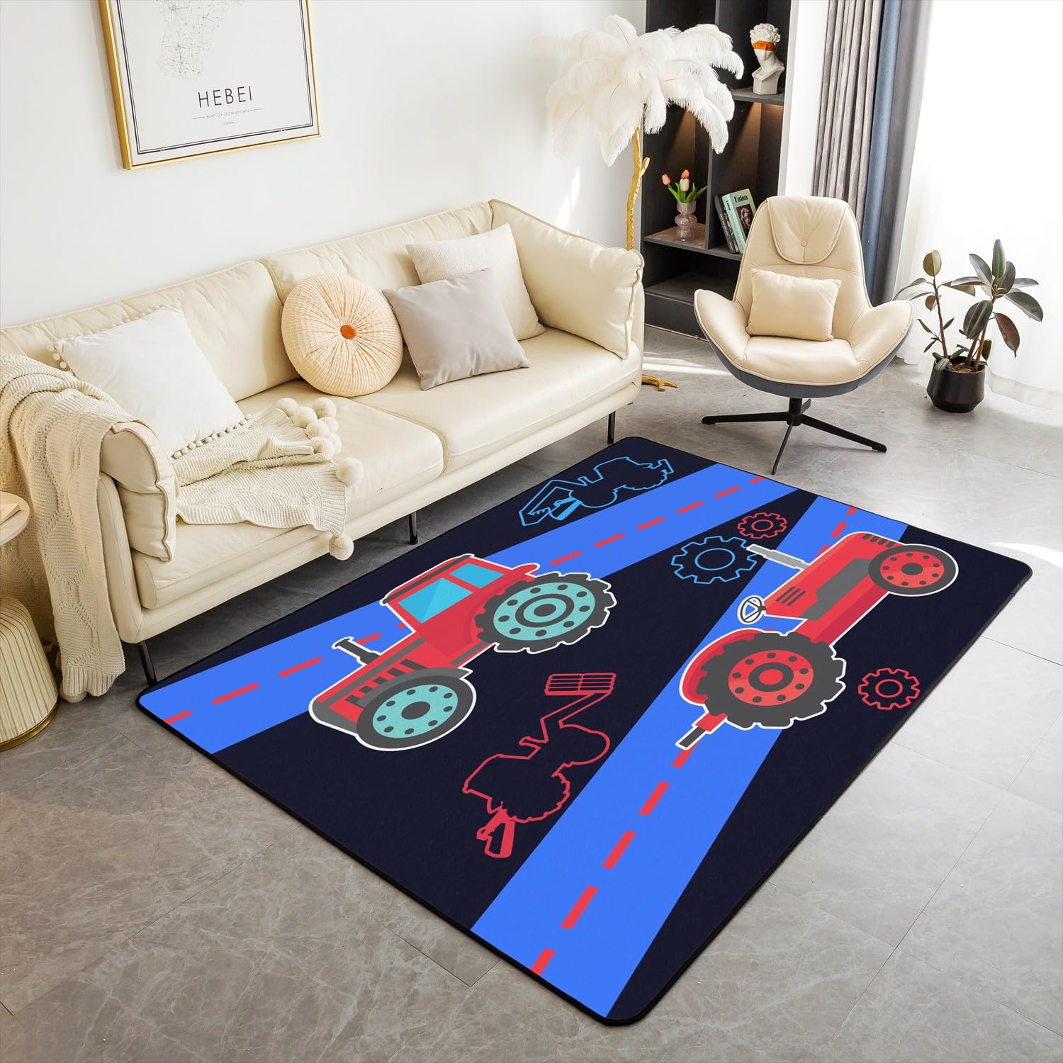 Tappeto da costruzione 150 x 200 cm, per bambini, escavatore, cartone animato, set di tappeti decorativi per bambini e bambine, tappeto per soggiorno, blu, rosso, nero, tappetino per interni,