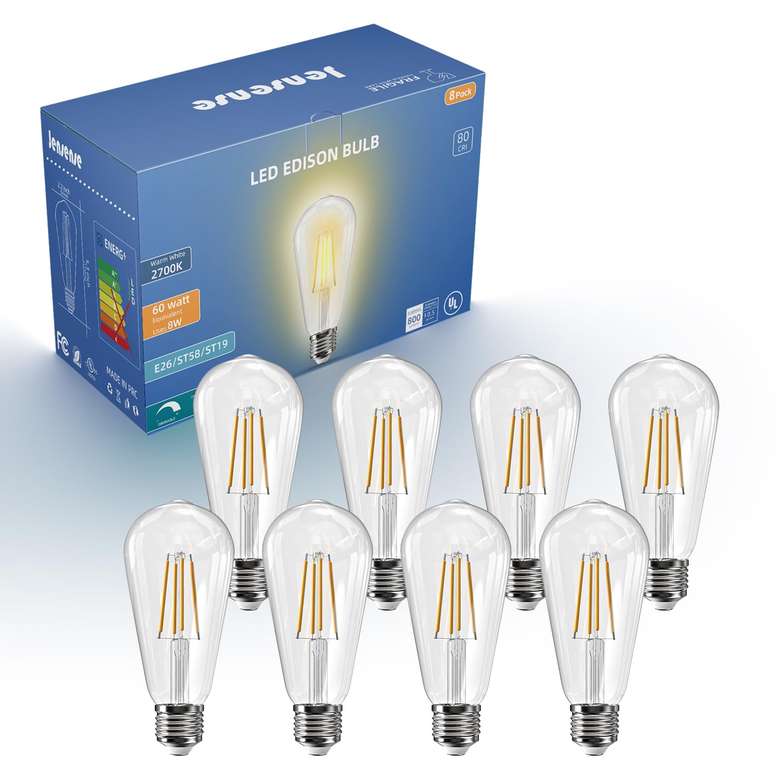 Jensense Edison Bulbs E26 LED Bulb 60 Watt Equivalent, Vintage LED Light Bulbs CRI90+ ST19, Dimmable Clear Light Bulbs (2700K Warm White, 7watt-8 Pack)